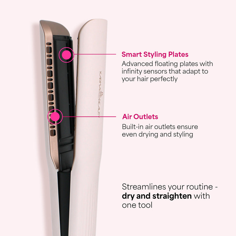 Hair straightener with labeled features on a white background