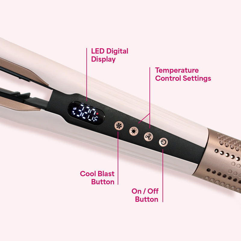 Hair straightener with labeled components on a white background