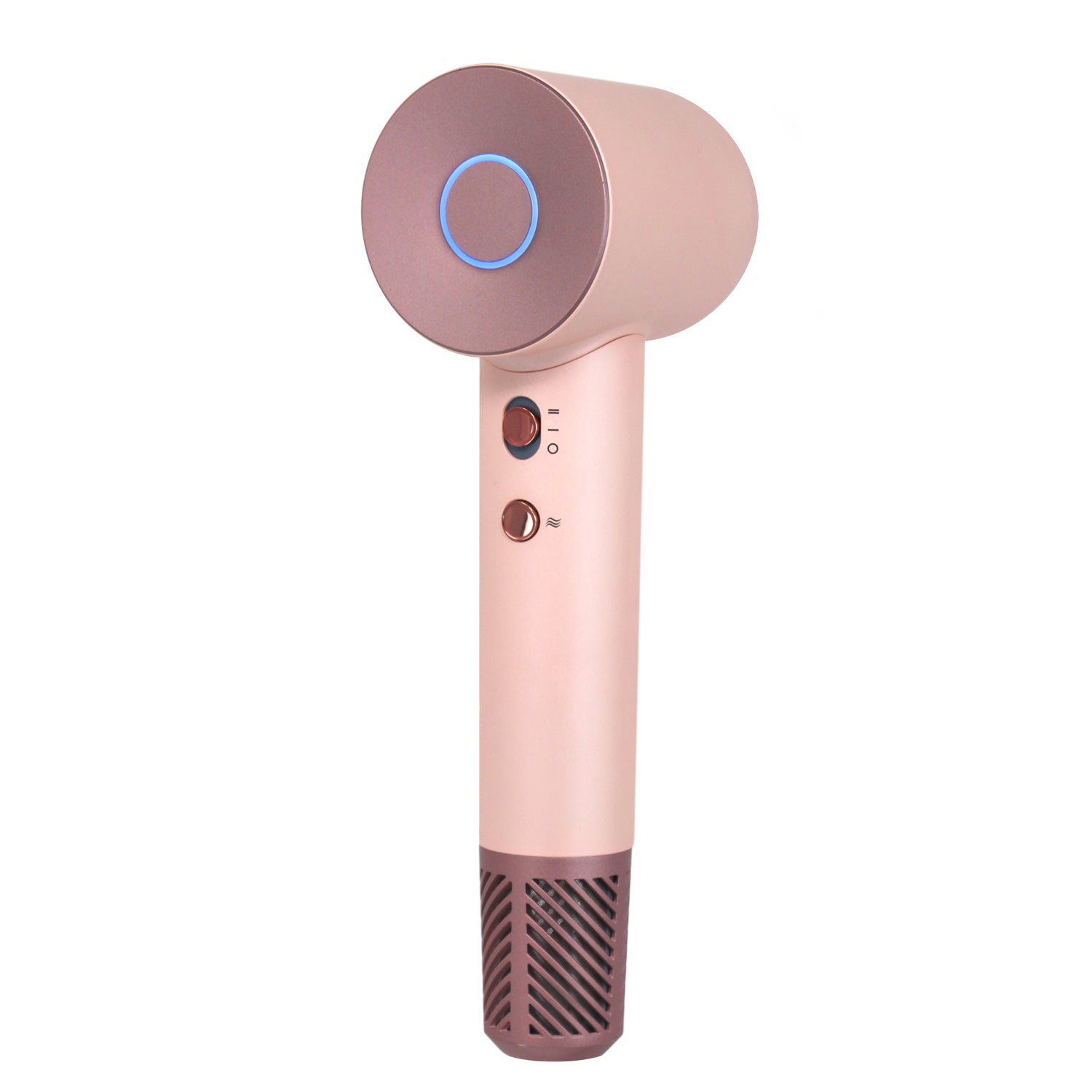 Rose gold hair dryer with a blue light on a white background