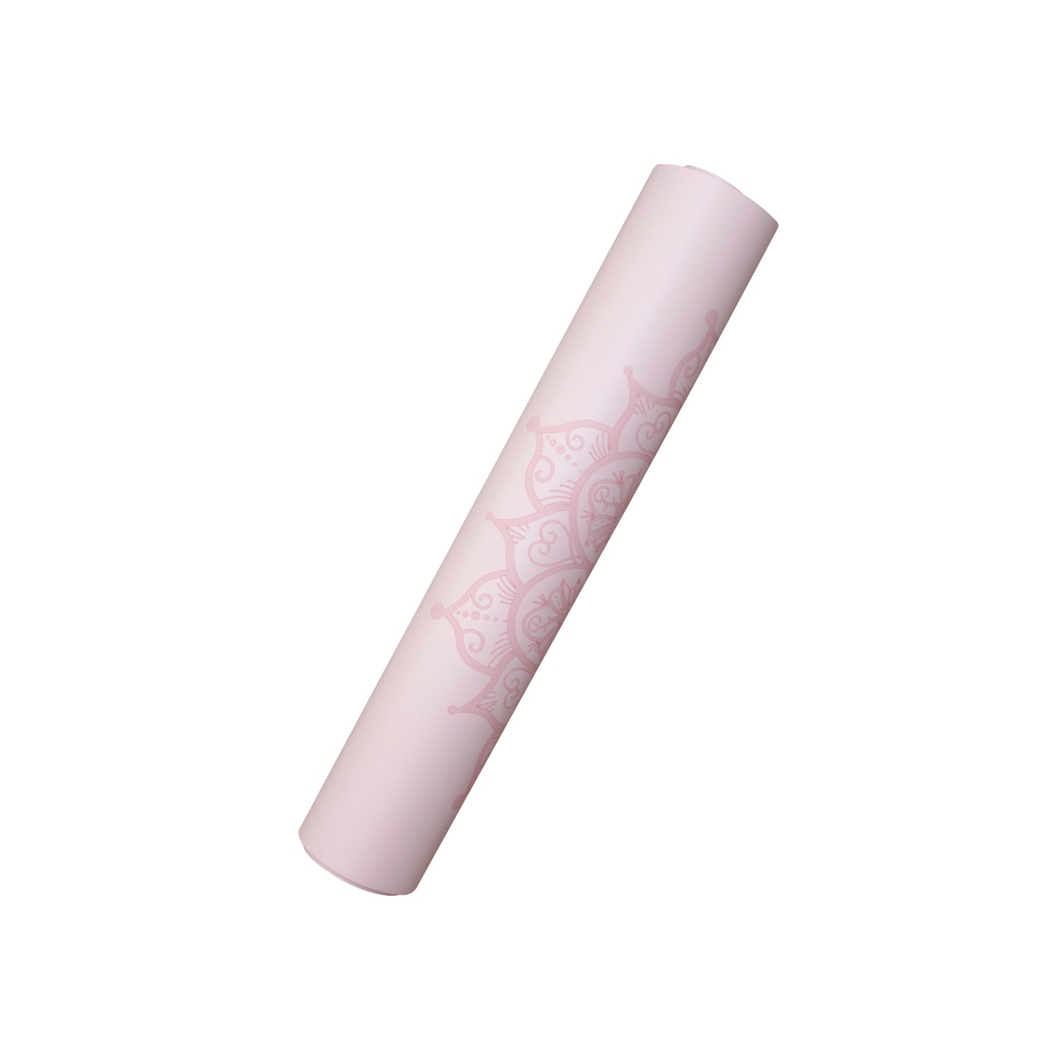 A white yoga mat with a pink floral pattern rolled up on one end, displayed against a pink background.