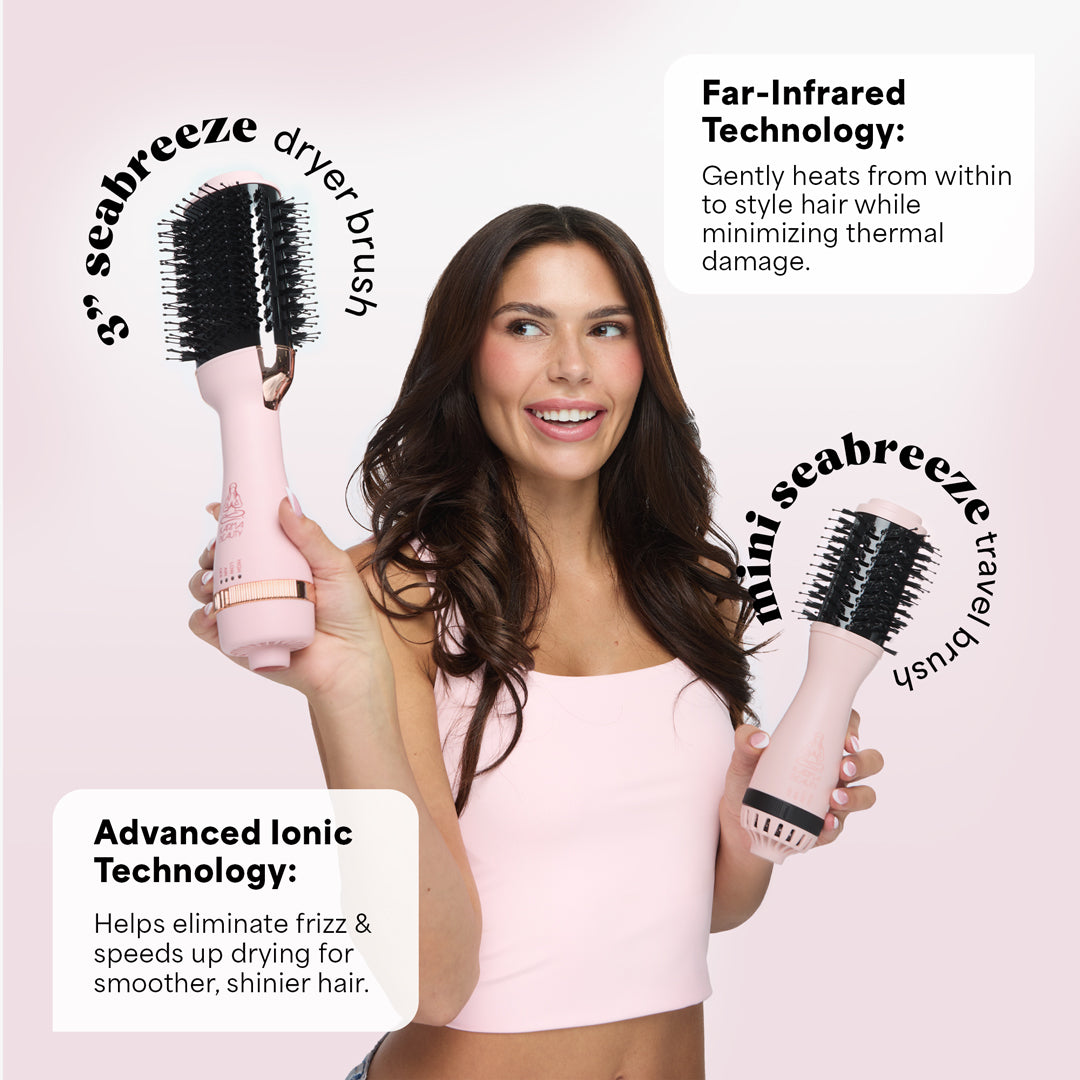 Woman holding two Blow Out Brush mini 3inch Seabreeze hairbrushes with text about far-infrared and advanced ionic technology on a pink background.