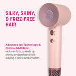 Rose gold hair dryer with text highlighting features on a white background