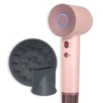 Rose gold hair dryer with a gray diffuser attachment on a white background