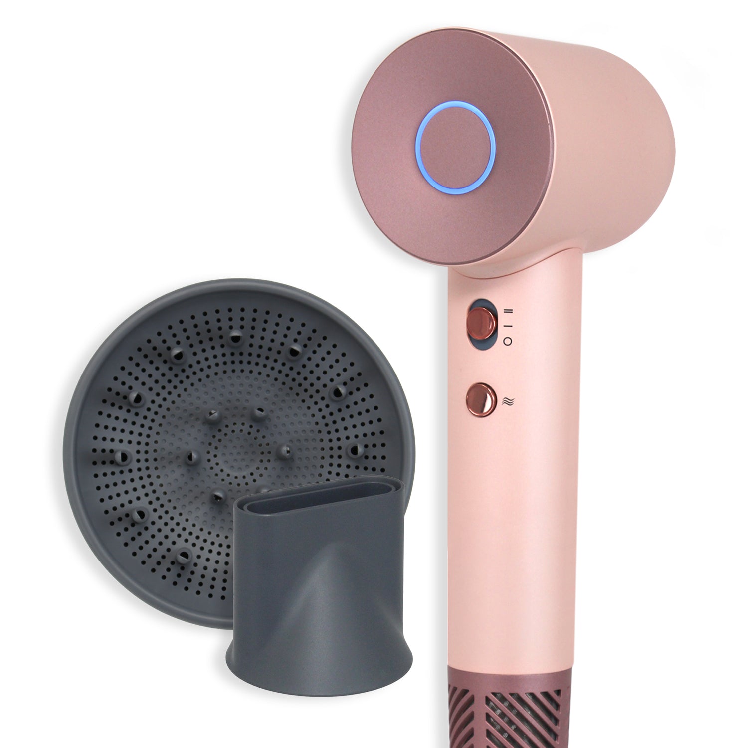 Rose gold hair dryer with a gray diffuser attachment on a white background