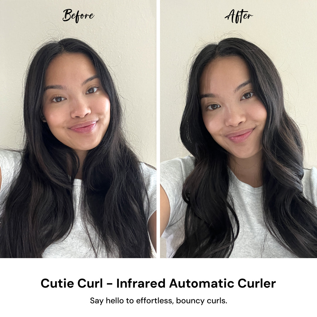 Before and after comparison of a woman's hair using a Cutie Curl infrared automatic curler.