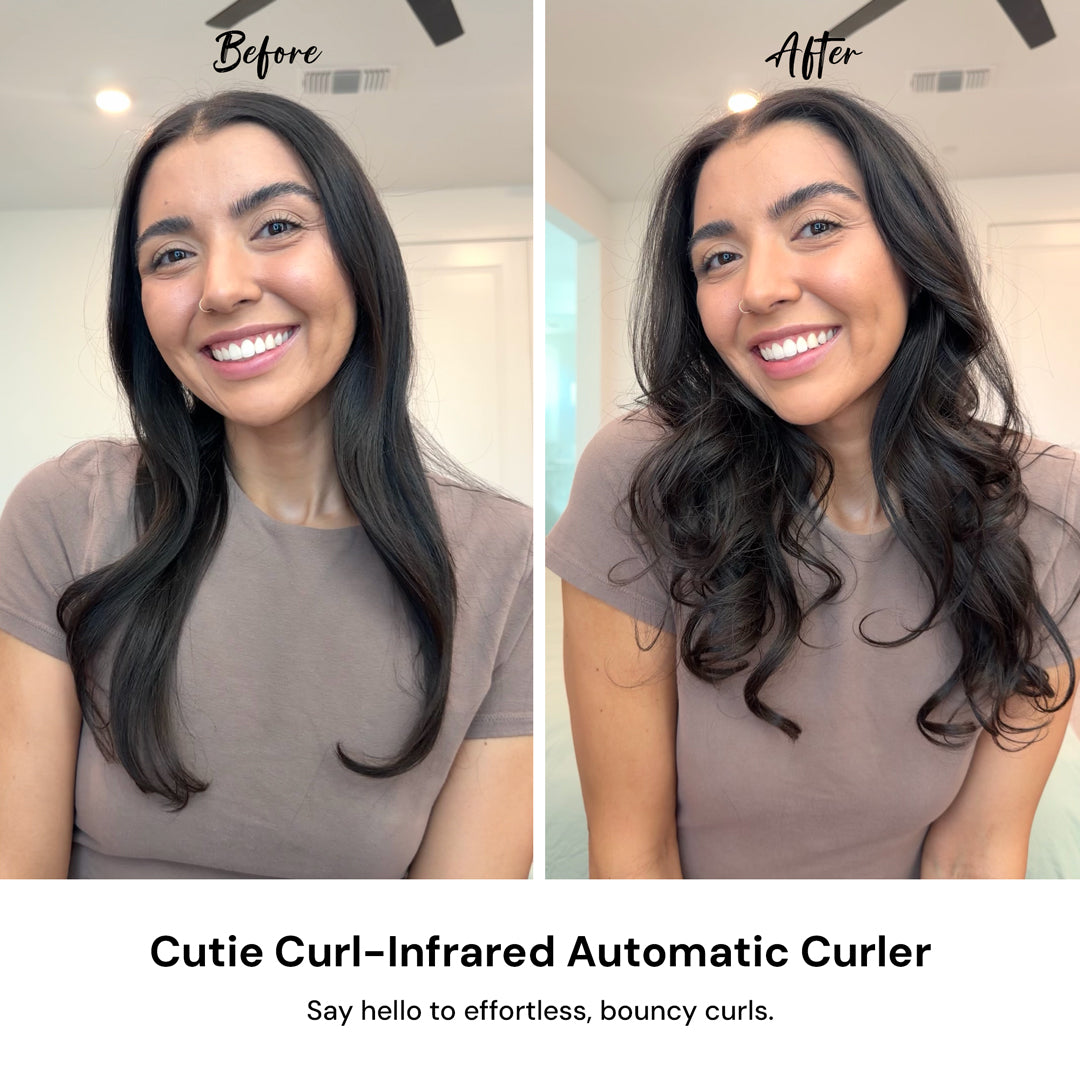 Before and after comparison of a woman's hair using a Cutie Curl-Infrared Automatic Curler.