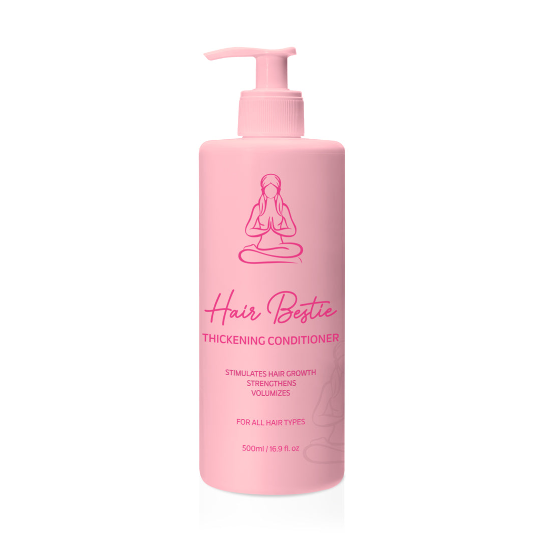 Pink bottle of 'Hair Bestie' thickening conditioner on a white background