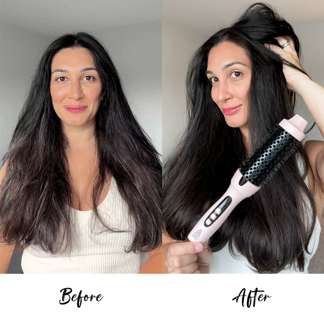 Before and after comparison of a woman using a hair straightening brush.