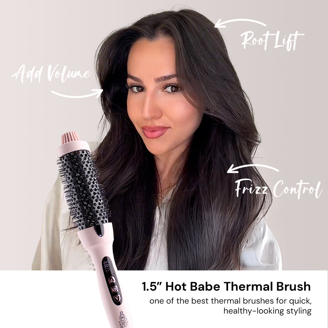 Woman with styled hair holding a 1.5" Hot Babe Thermal Brush with text labels on a light background