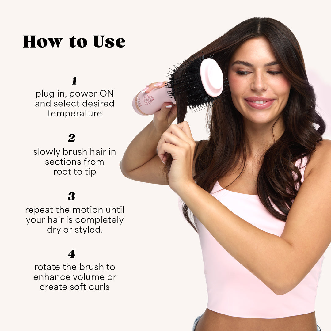 Woman using a hairbrush Blow Out Brush mini 3inch with text on how to 