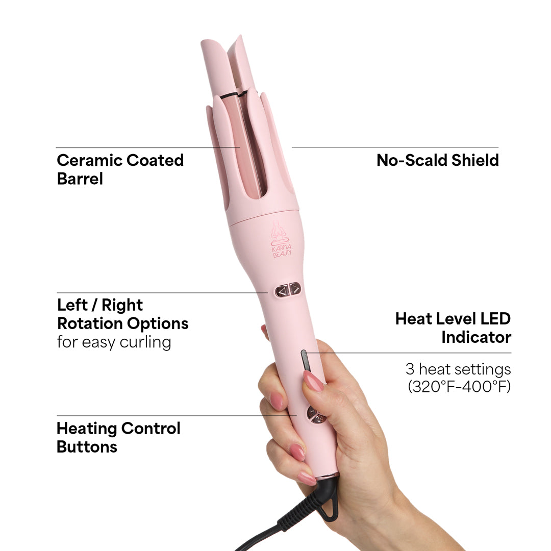 Nude Pink Cutie Curl  Infrared Automatic Curler  held in a hand with features