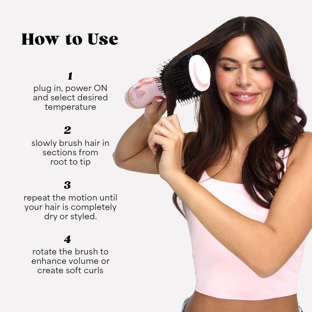 Woman using a hairbrush Blow Out Brush mini 3inch with text on how to use it