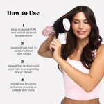 Woman using a hairbrush Blow Out Brush mini 3inch with text on how to use it